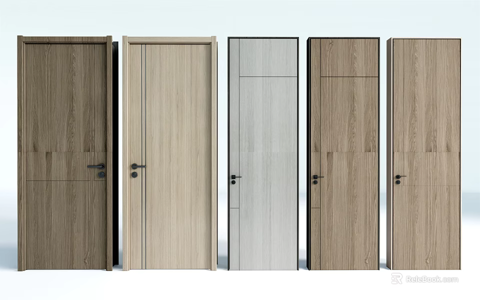 Modern Wooden Hinged Doors With Diverse Designs And Natural Wood Tones 3d model 