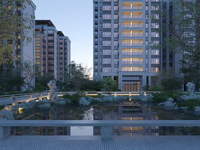 Modern Tall Residential Buildings With Landscaped Garden Water Pond And Evening Illuminated View 3d model
