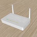 White Wireless Router With Dual Antennas And Indicator Lights On Wooden Surface