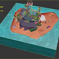 Cartoon Scenic Island Scene with Sandy Beach Palm Trees Wooden Pavilion and Turquoise Ocean Water