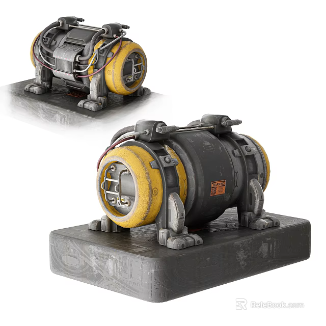 Heavy Duty Industrial Equipment 3D Model Featuring Metal Body Yellow Circular Components And Support Brackets 3d model 