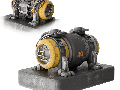 Heavy Duty Industrial Equipment 3D Model Featuring Metal Body Yellow Circular Components And Support Brackets 3d model
