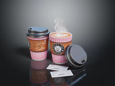 Pink Coffee Cup with Steam Open Lid and Small Cards on Black Surface 3d model