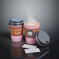 Pink Coffee Cup with Steam Open Lid and Small Cards on Black Surface