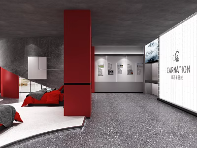 Carnation Exhibition Space With Red Pillars Gray Walls And Display Beds 3d model