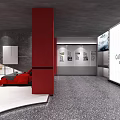 Carnation Exhibition Space With Red Pillars Gray Walls And Display Beds