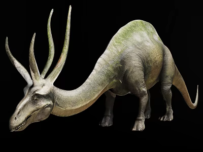 Standing Reptilian Dinosaur with Long Neck Horns and Green Gray Skin on Black Background 3d model