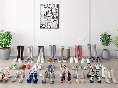 Various Stylish Shoes Including Boots Heels And Flats In Indoor Display With Plants And Art 3d model