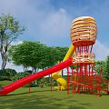 Garden Landscape With Yellow And Red Slide Tower Structure Green Grass Trees And Child
