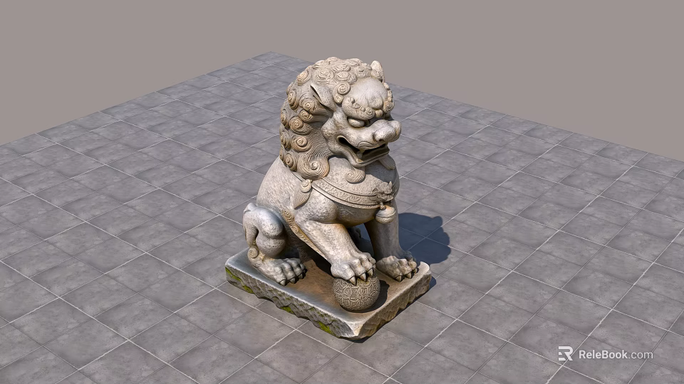 Traditional Stone Lion Landscape Sculpture With Mane Decoration Ball Under Paw On Square Tiled Platform 3d model 