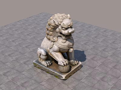 Traditional Stone Lion Landscape Sculpture With Mane Decoration Ball Under Paw On Square Tiled Platform 3d model
