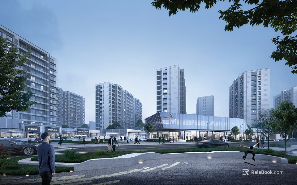 Modern Commercial Street in Evening Scene with High-rise Buildings Pedestrians Greenery and Roads 3d model 
