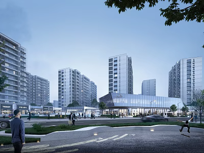 Modern Commercial Street in Evening Scene with High-rise Buildings Pedestrians Greenery and Roads 3d model