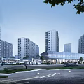 Modern Commercial Street in Evening Scene with High-rise Buildings Pedestrians Greenery and Roads