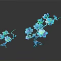 Blue Flowers With Multiple Petals On Branches With Leaves Against Dark Background And Reflective Effect