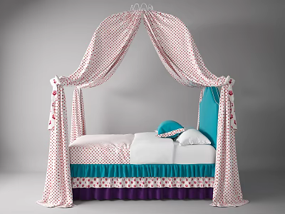 Kids Bed With Pink Polka Dot Canopy Blue Headboard White Mattress And Blue Purple Trim 3d model