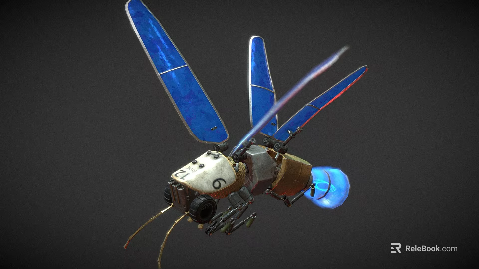 Detailed Mechanical Insect With Blue Wings And Metallic Structure Flying In Dark Background 3d model 