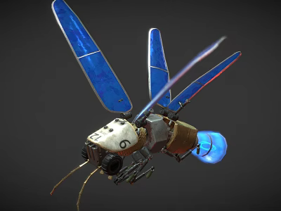 Detailed Mechanical Insect With Blue Wings And Metallic Structure Flying In Dark Background 3d model