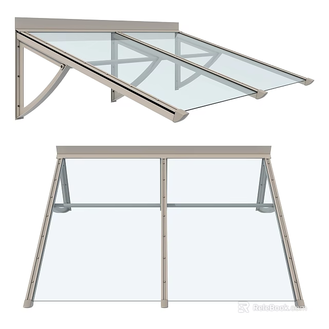Modern Glass Awning Structure With Metal Frame And Support Bracket Design 3d model