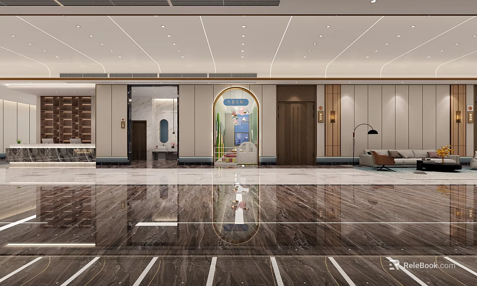 Spacious Modern Hotel Corridor With Marble Flooring And Elegant Lighting 3d model