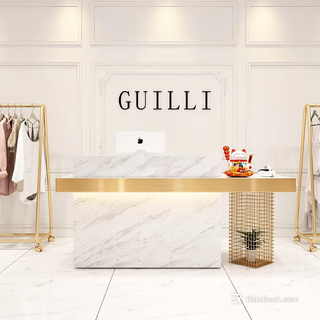 Elegant Guilli Reception Desk With Marble Countertop Gold Accents And Apple Computer 3d model 