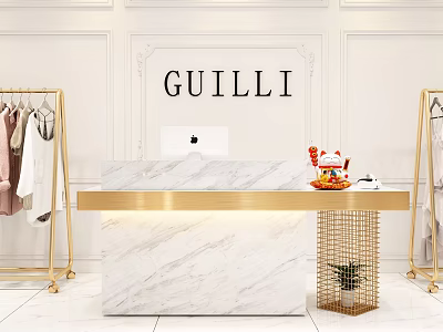 Elegant Guilli Reception Desk With Marble Countertop Gold Accents And Apple Computer 3d model