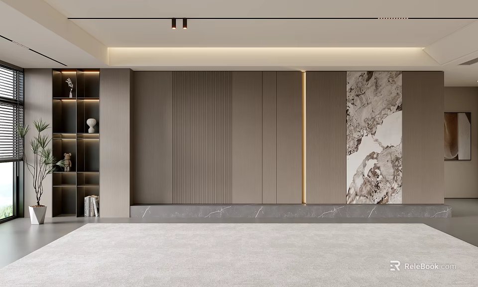 Modern Living Room Interior Design With Striped Wall Open Shelves And Marble Artwork 3d model 