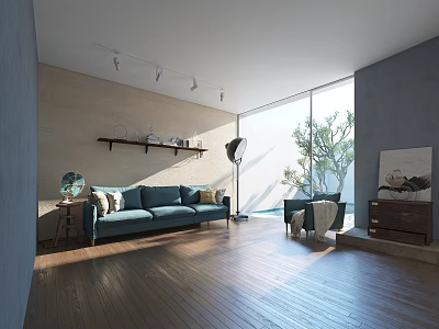 Modern Living Room With Blue Sofa Wooden Floors Floor Lamp Green Plant And Wall Shelf 3d model