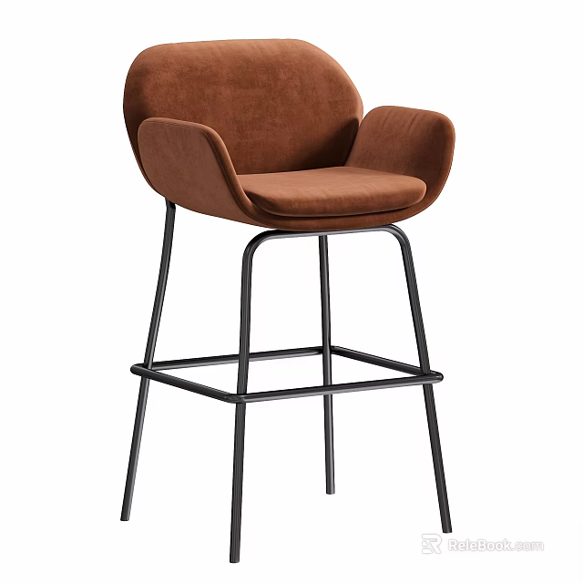Modern Brown Velvet Bar Stool with Armrests and Black Metal Base 3d model 