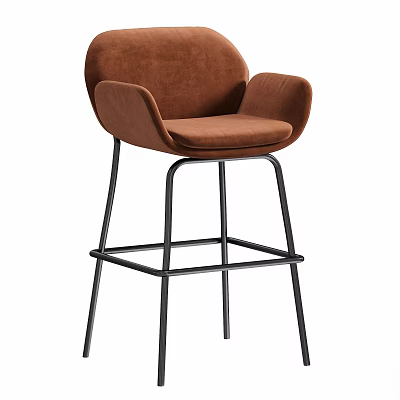 Modern Brown Velvet Bar Stool with Armrests and Black Metal Base 3d model