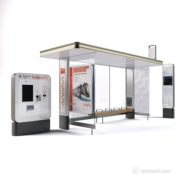 Modern Bus Stop Shelter With Transparent Roof Bench Ticket Machine And Map 3d model 