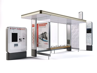 Modern Bus Stop Shelter With Transparent Roof Bench Ticket Machine And Map 3d model