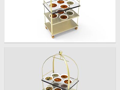 Commercial Gold Frame Food Cart With Multi Tier Glass Shelves And Wheels 3d model