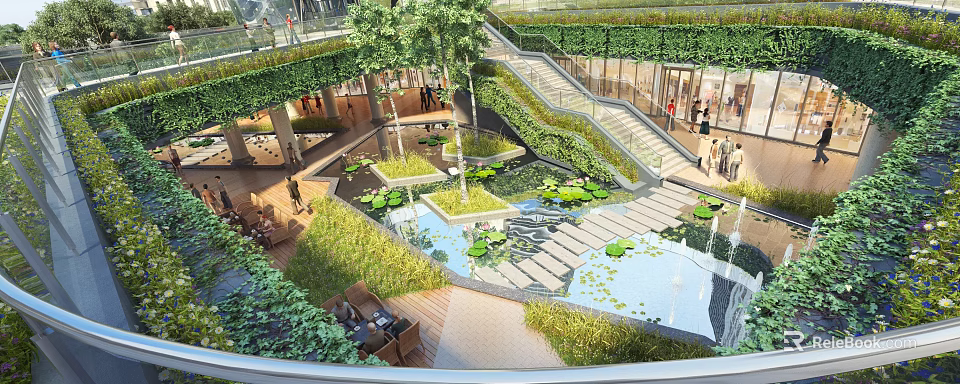Lush Green Shopping Mall Atrium With Indoor Water Pond Staircase And Plants Design 3d model 