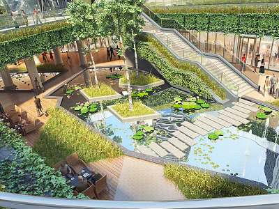Lush Green Shopping Mall Atrium With Indoor Water Pond Staircase And Plants Design 3d model
