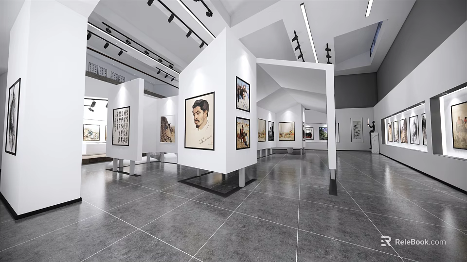 Art Gallery Interior With White Walls Paintings Spotlights And Gray Floor 3d model 