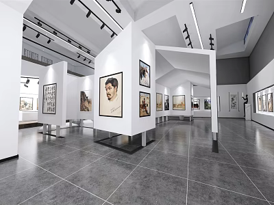 Art Gallery Interior With White Walls Paintings Spotlights And Gray Floor 3d model
