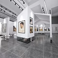 Art Gallery Interior With White Walls Paintings Spotlights And Gray Floor