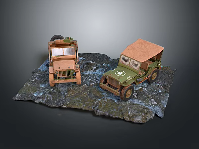Two Vintage Military Jeep Models In Green And Brown On Rocky Display Base 3d model
