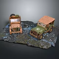 Two Vintage Military Jeep Models In Green And Brown On Rocky Display Base