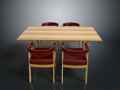 Modern Wooden Dining Table With Four Red Leather Chairs And Simple Design 3d model