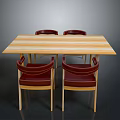 Modern Wooden Dining Table With Four Red Leather Chairs And Simple Design