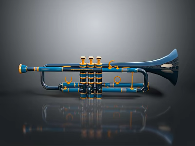Blue Trumpet as Daily Living Item with Yellow Accents on Black Reflective Surface 3d model