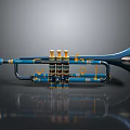 Blue Trumpet as Daily Living Item with Yellow Accents on Black Reflective Surface