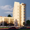 Modern Hospital Building Exterior with Red Cross Sign Surrounded by Green Trees and Road