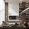 Modern Duplex Living Room Interior Design With Marble Wall Bookshelves Sofa And Floor Lamp