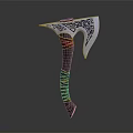 Detailed Decorative Axe Featuring Intricate Carved Metallic Head And Wooden Handle