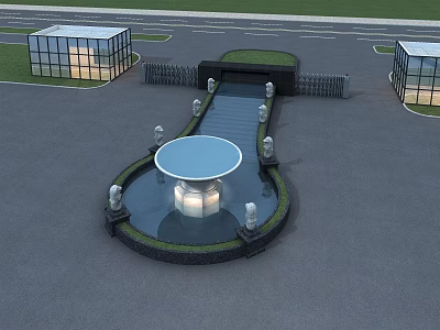 Modern Entrance Gate Design With Circular Fountain Decorative Statues And Glass Buildings 3d model