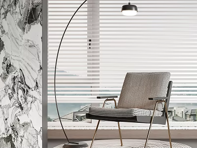 Stylish Leisure Accent Chair With Modern Floor Lamp White Blinds Round Rug And Sea View 3d model