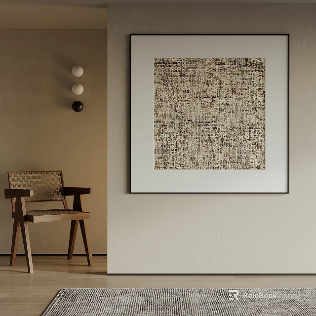 Abstract Textured Painting In Modern Interior With Wooden Chair And Circular Wall Decor 3d model 